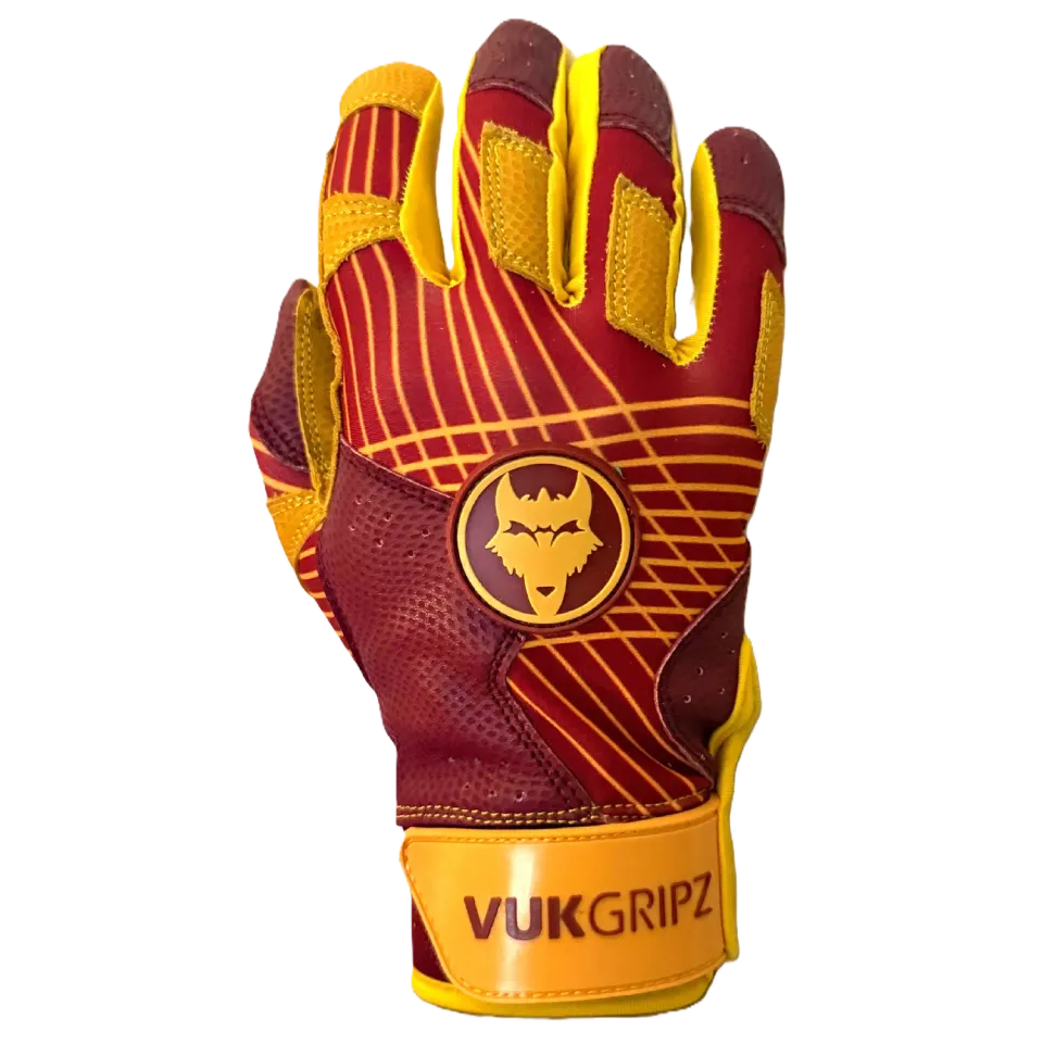 VukGripz Prowler Maroon & Yellow battinghandsker bordeaux/gul