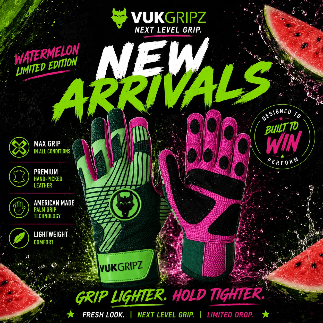 Vukgripz Prowler Watermelon battinghandsker med friktion