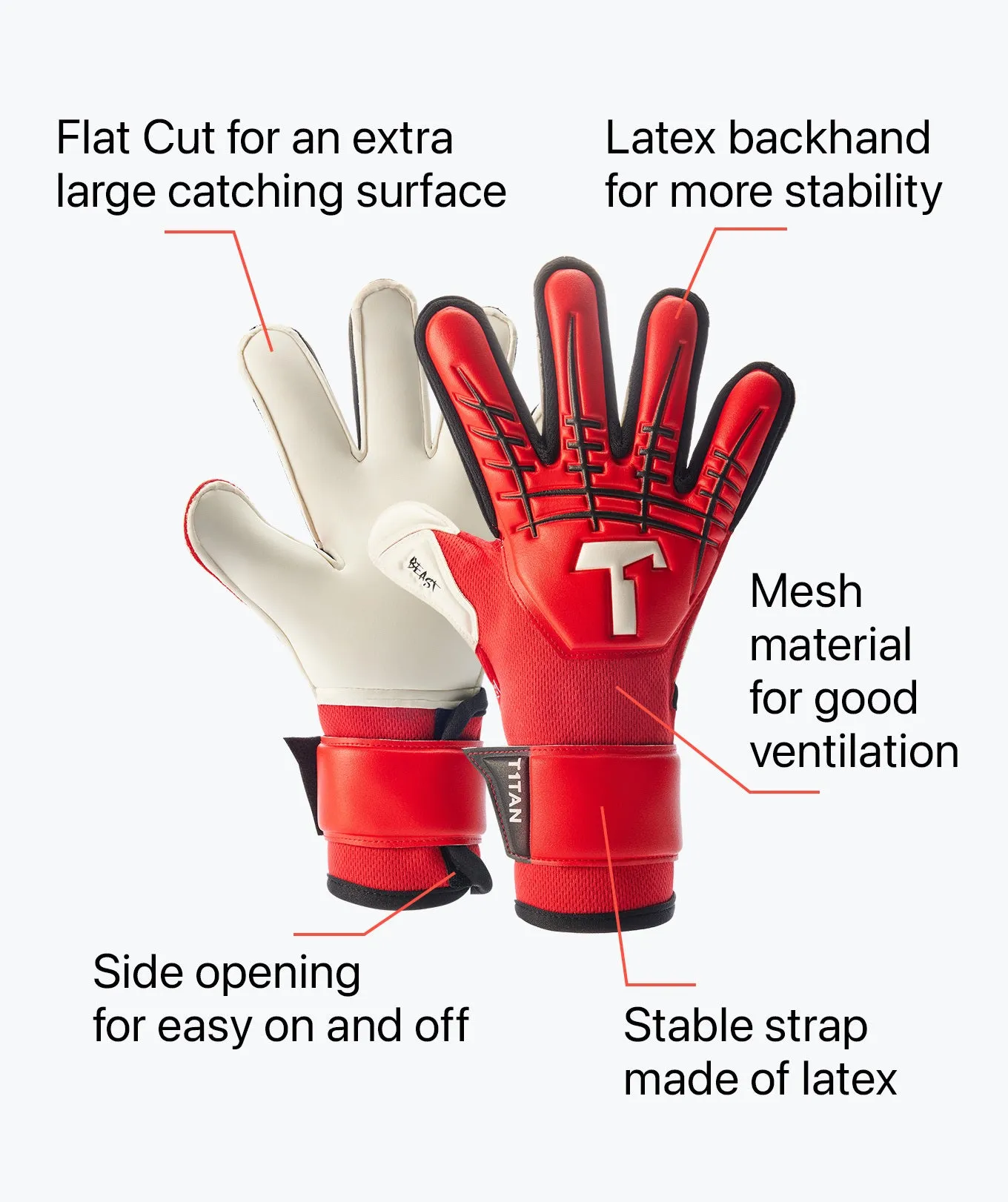 T1TAN Red Beast Junior 3.0 målmandshandsker rød grip
